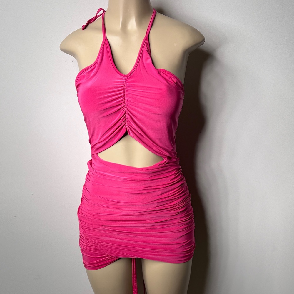 PrettyLittleThing Pink Ruched Cutout Halter Mini dress